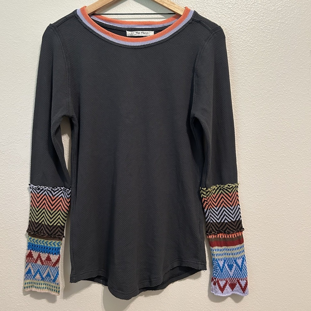 Free People We The Free Alpine Cuff Thermal Top Women's XL Gray Waffle Knit